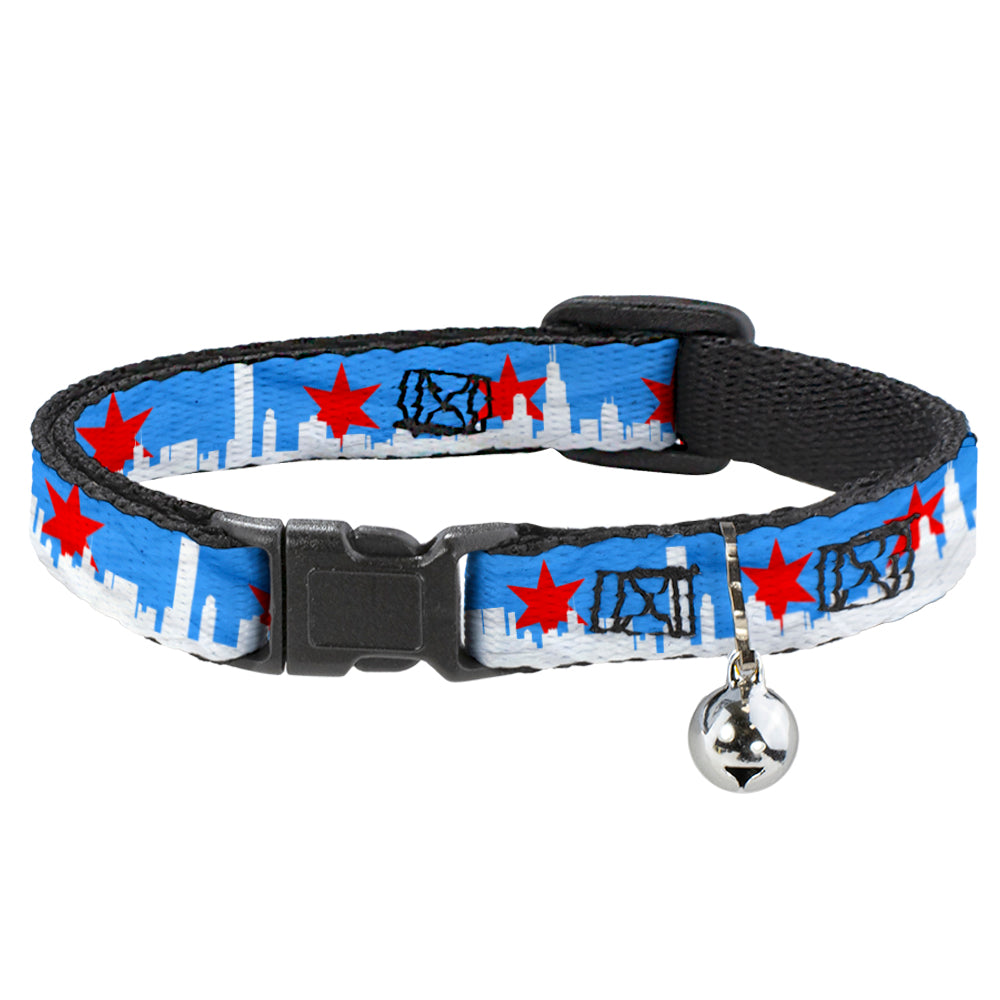 Cat Collar Breakaway - Chicago Skyline Flag Distressed Black White Red Breakaway Cat Collars Buckle-Down   