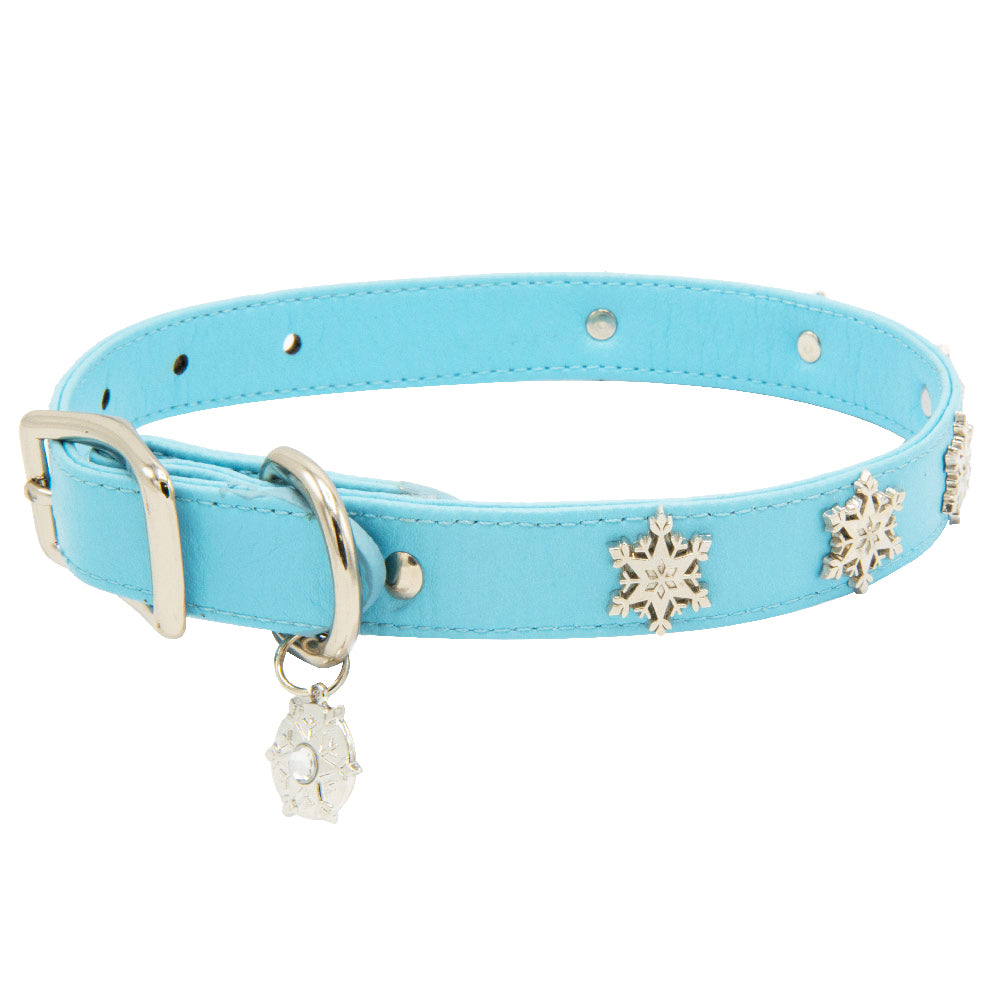 Vegan Leather Dog Collar - Frozen 2 Light Blue PU w Snowflake Embellishments & Metal Charm Imported PU Collars Disney   