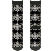 Sock Pair - Polyester - Fleur-de-Lis w Filigree Black Gray - CREW Socks Buckle-Down   