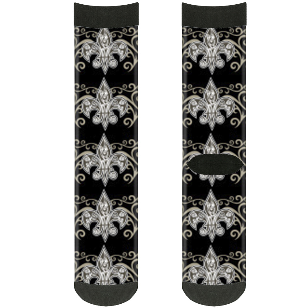 Sock Pair - Polyester - Fleur-de-Lis w Filigree Black Gray - CREW Socks Buckle-Down   