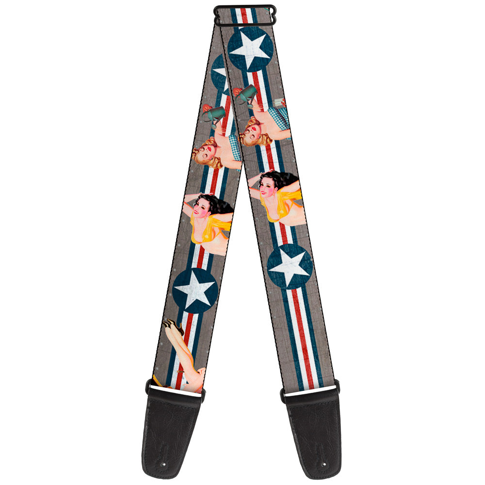 Guitar Strap - Pin Up Girl Poses Stars & Stripes Gray Blue White Red Guitar Straps Buckle-Down   