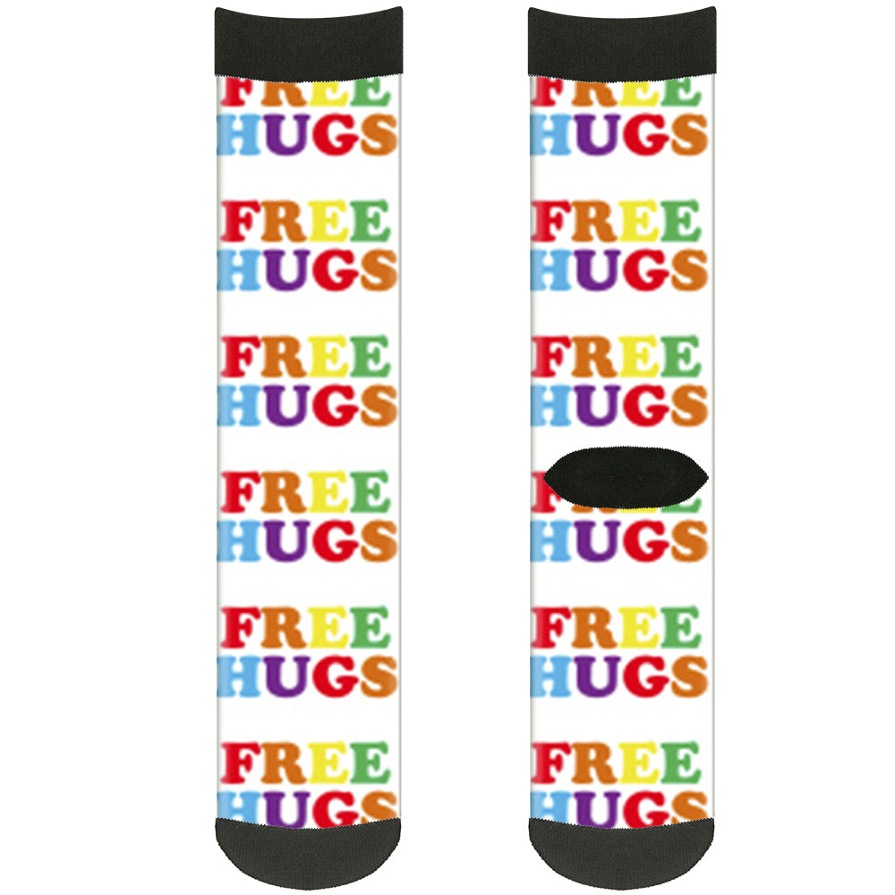 Sock Pair - Polyester - FREE HUGS White Multi Color - CREW Socks Buckle-Down   
