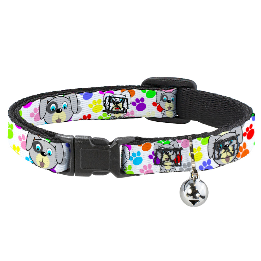 Cat Collar Breakaway - Puppies w Paw Prints White Multi Color Breakaway Cat Collars Buckle-Down   