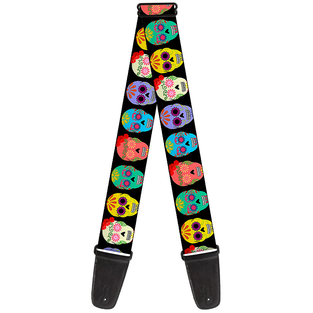 Guitar Strap - Painted Sugar Skulls Black Multi Color Guitar Straps Buckle-Down   