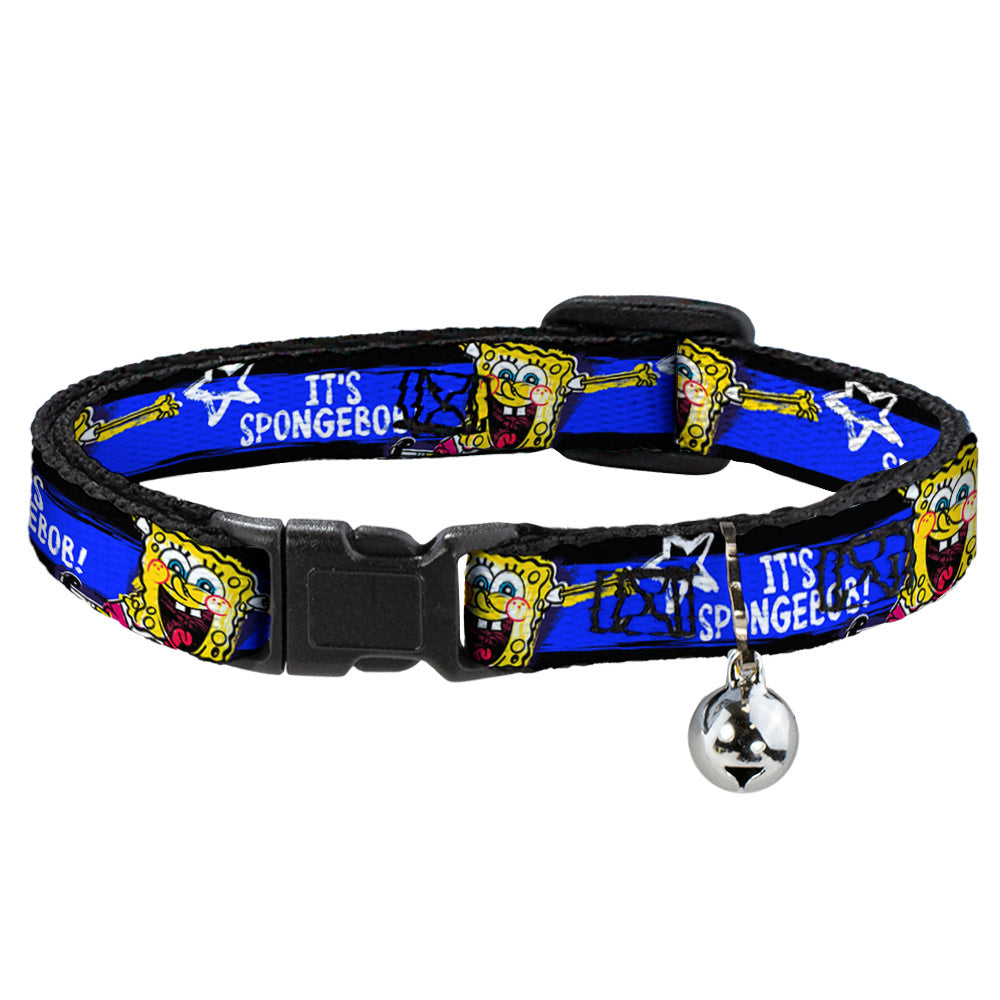 Cat Collar Breakaway with Bell - SpongeBob Pose IT'S SPONGEBOB! Stripe Black Blue White Breakaway Cat Collars SpongeBob SquarePants