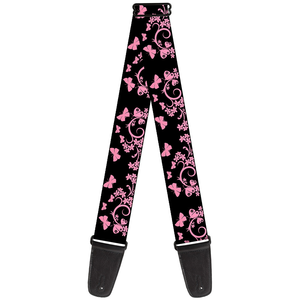 Guitar Strap - Butterfly Garden Black Pink Guitar Straps Buckle-Down   
