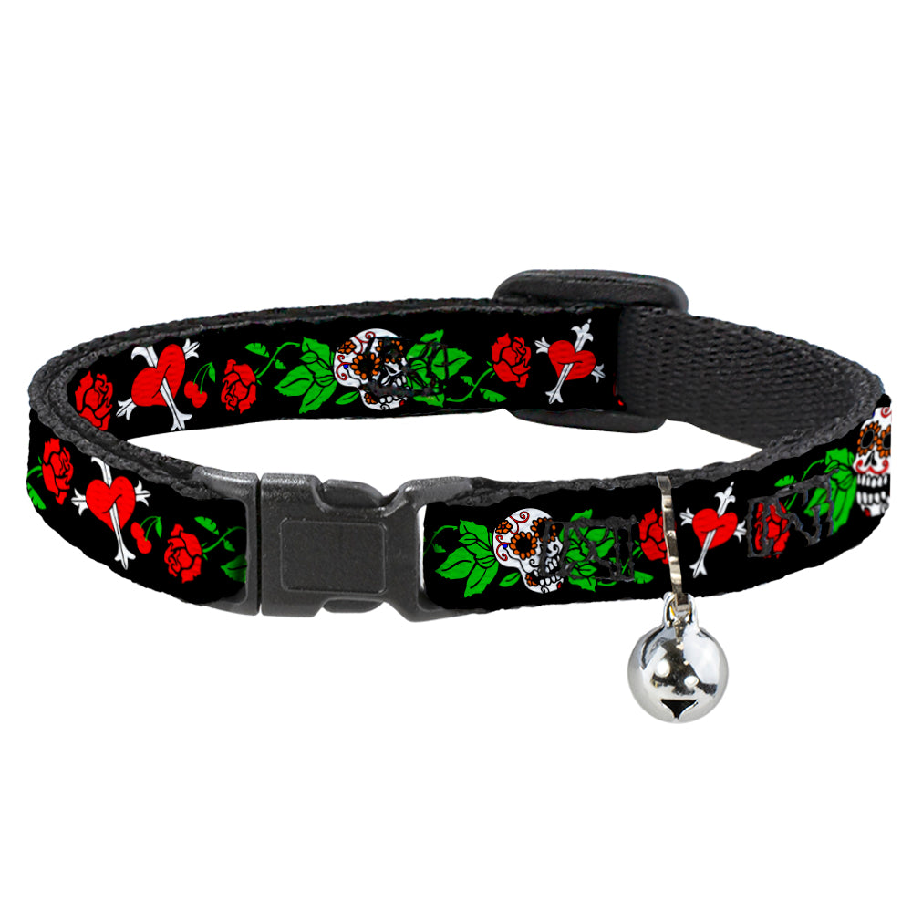 Cat Collar Breakaway - Sugar Skull w Roses & Heart Breakaway Cat Collars Buckle-Down   