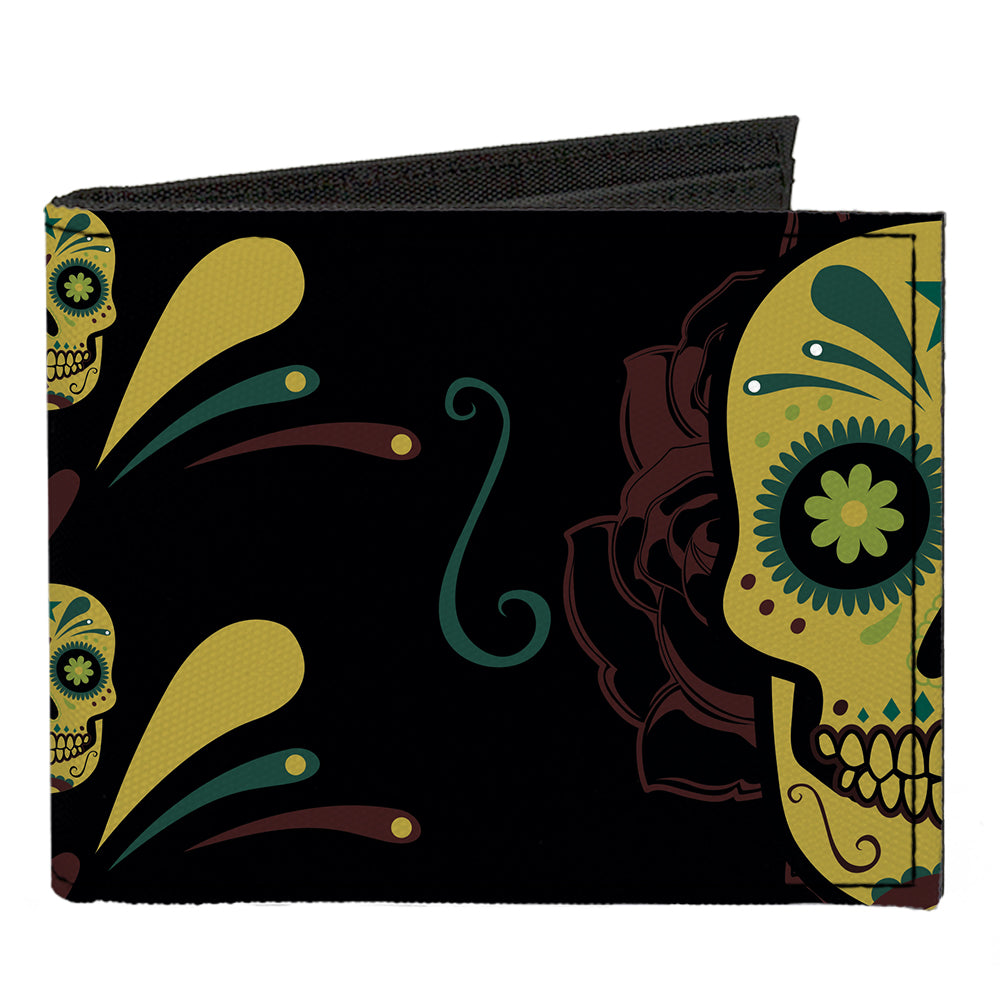Canvas Bi-Fold Wallet - Sugar Skulls Black Olive Burgundy Canvas Bi-Fold Wallets Buckle-Down   