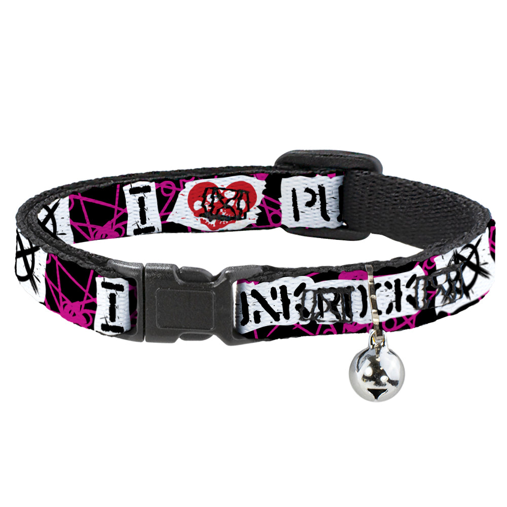 Cat Collar Breakaway - I Heart Punk Rock w Safety Pins Black Fuchsia White Breakaway Cat Collars Buckle-Down   