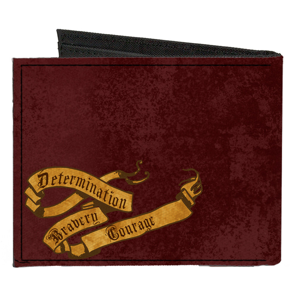 Canvas Bi-Fold Wallet - GRYFFINDOR Lion Crest + DETERMINATION BRAVERY COURAGE Banner Burgundy Reds Golds Canvas Bi-Fold Wallets Harry Potter