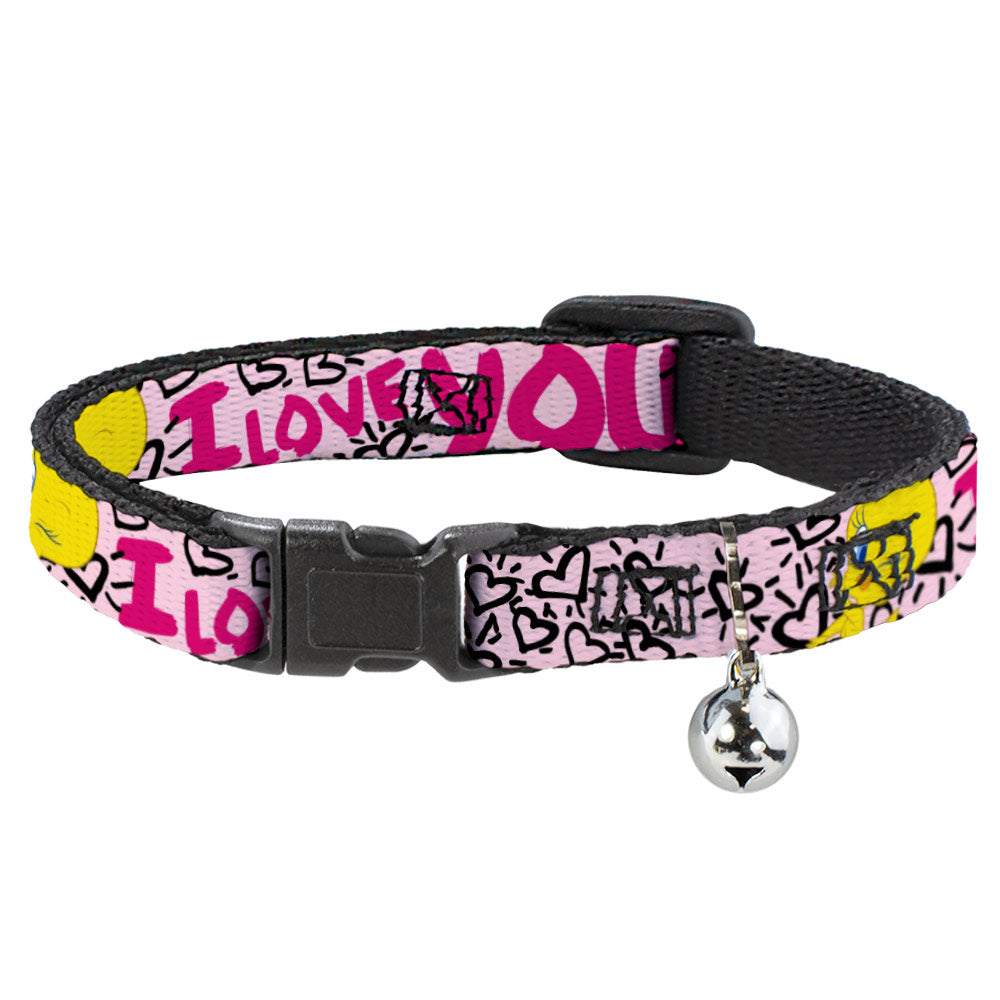 Cat Collar Breakaway - Tweety Bird I LOVE YOU Pink Black Breakaway Cat Collars Looney Tunes   