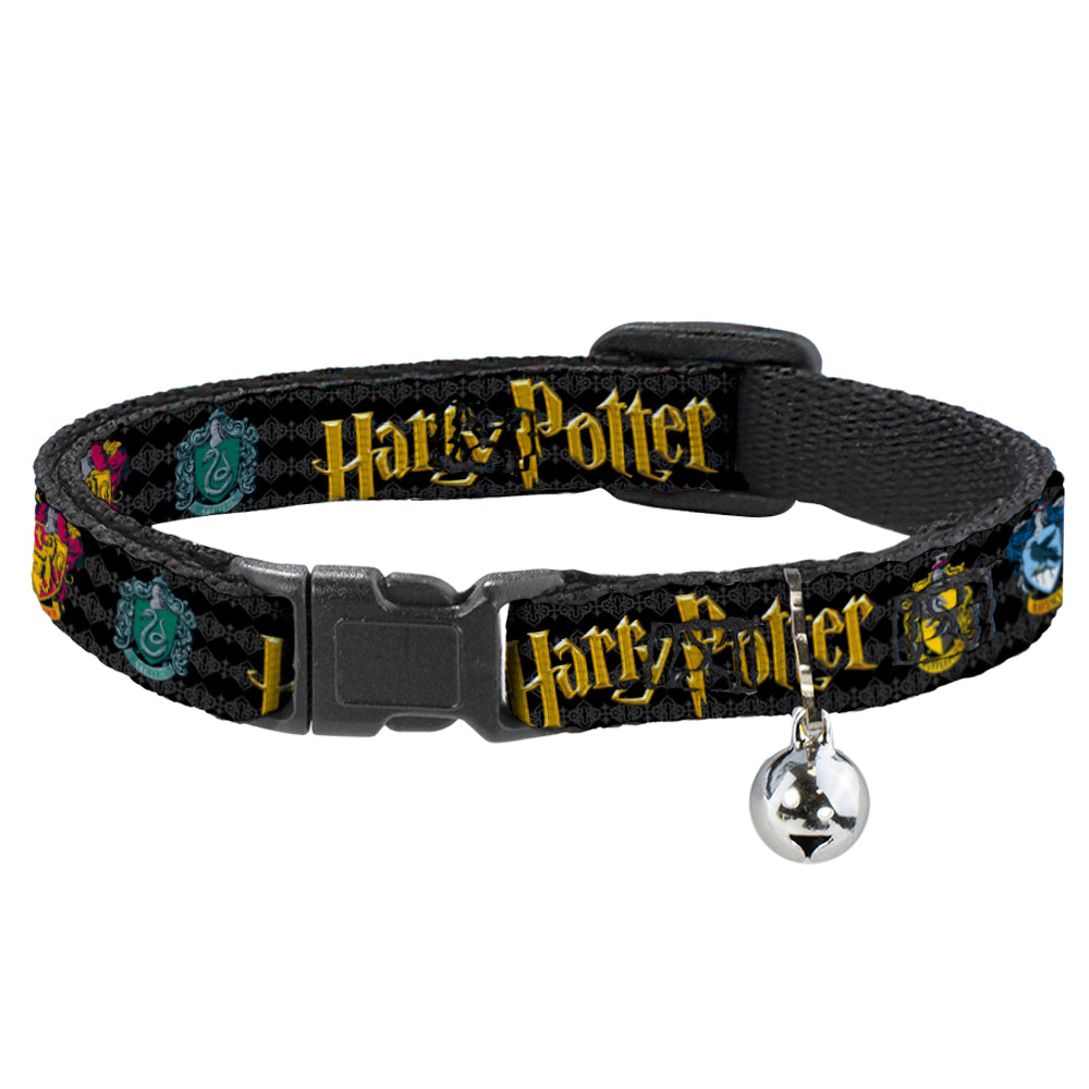 Cat Collar Breakaway with Bell - HARRY POTTER Hufflepuff/Ravenclaw/Gryffindor/Slytherin Coat of Arms Black Breakaway Cat Collars Harry Potter