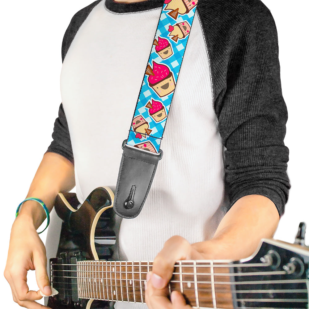 Guitar Strap - Happy Cupcakes Buffalo Plaid White Blue Guitar Straps Buckle-Down   