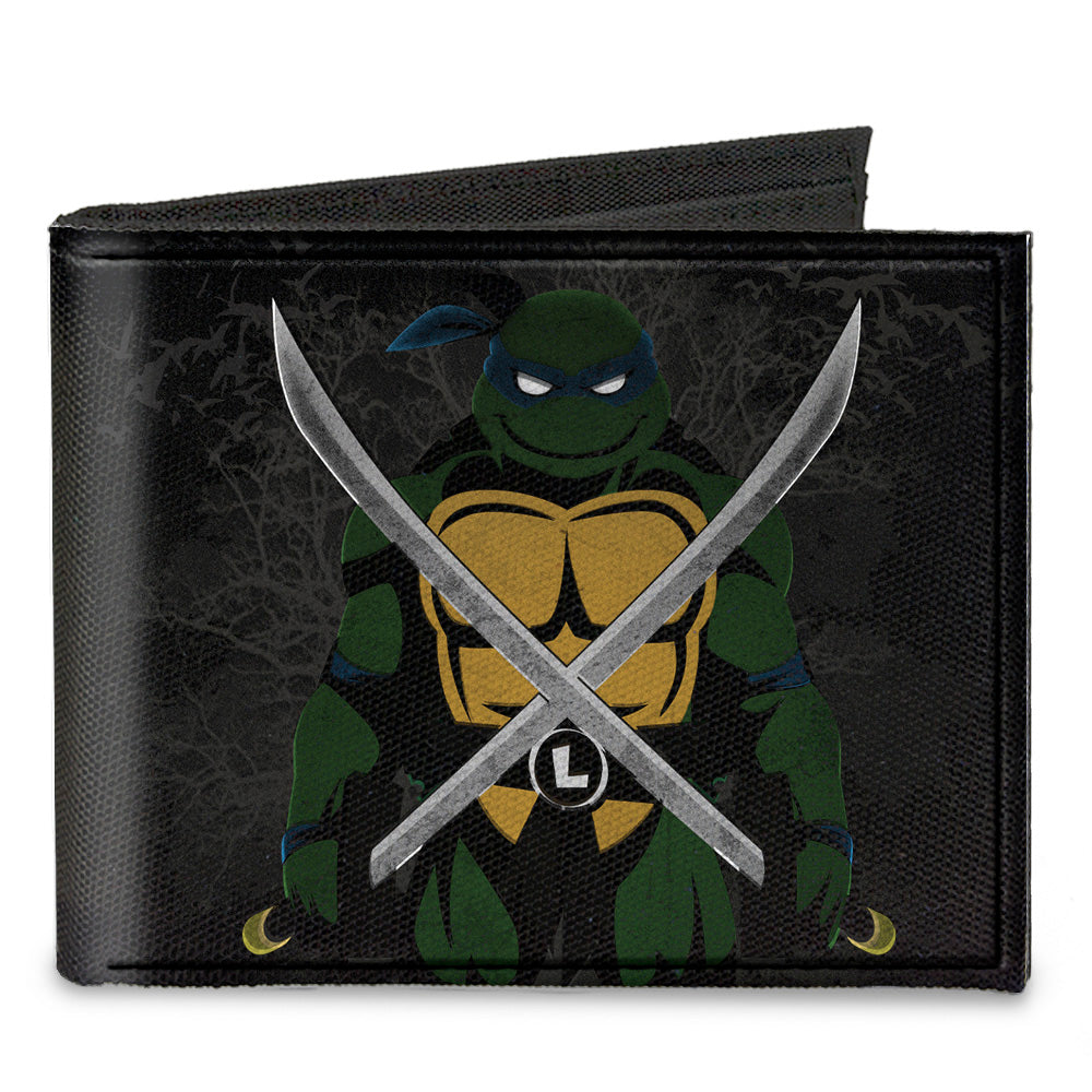 Canvas Bi-Fold Wallet - Leonardo Crossed Katana Dark Pose Black Grays Canvas Bi-Fold Wallets Teenage Mutant Ninja Turtles