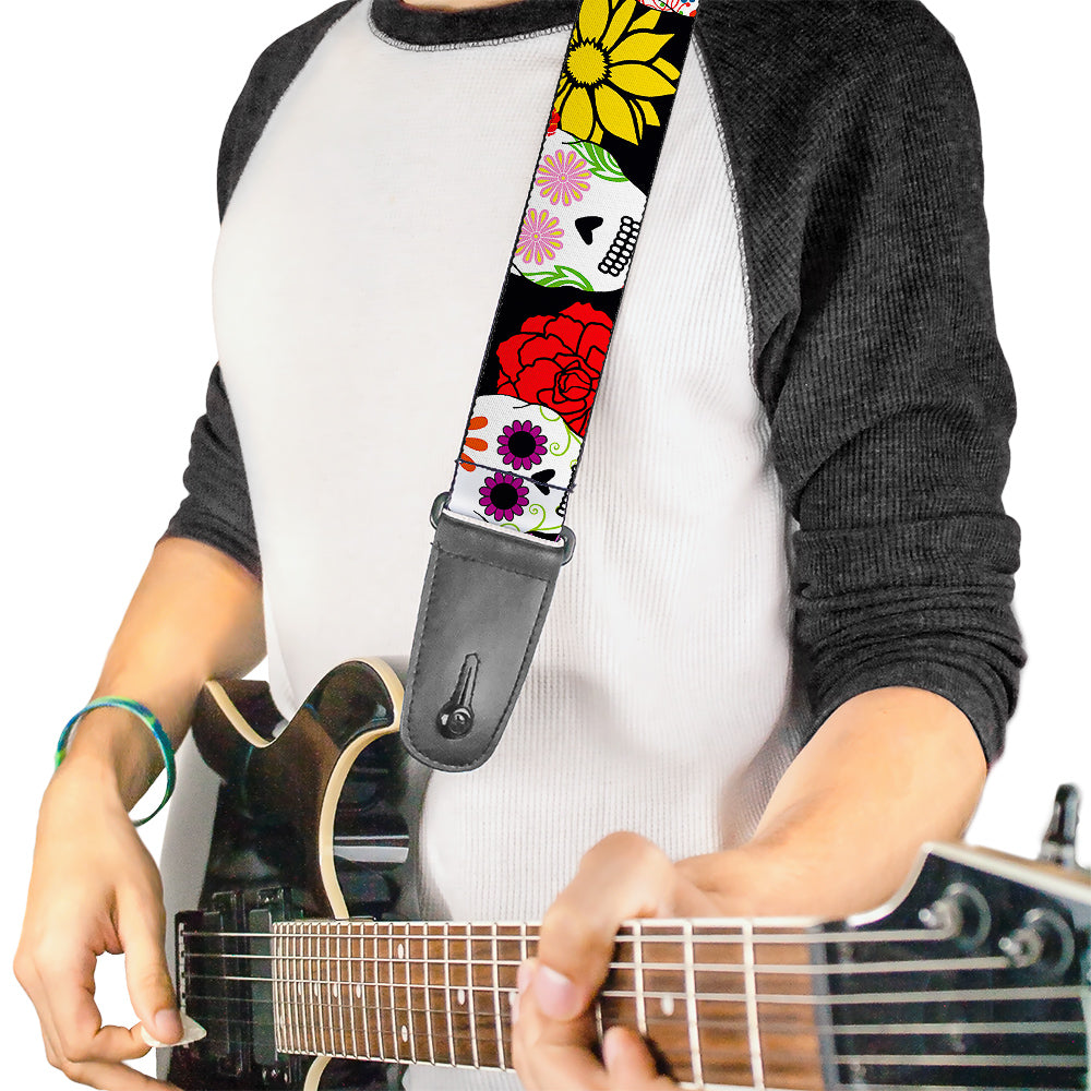 Guitar Strap - Sugar Skulls & Flowers Black Multi Color Guitar Straps Buckle-Down   