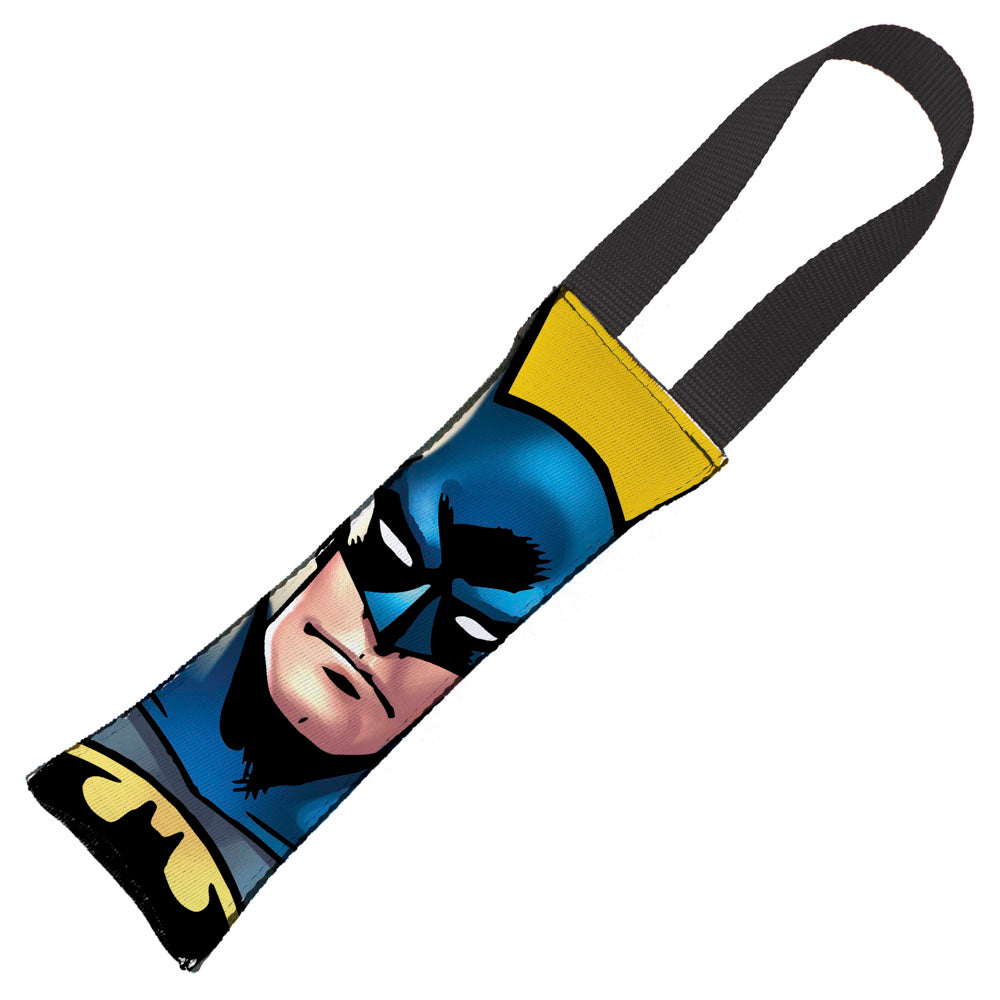 Dog Toy Squeaky Tug Toy - Batman JL Rebirth Face + Bat Icon CLOSE-UP Yellow Black - BLACK Webbing Dog Toy Squeaky Tug Toy DC Comics   