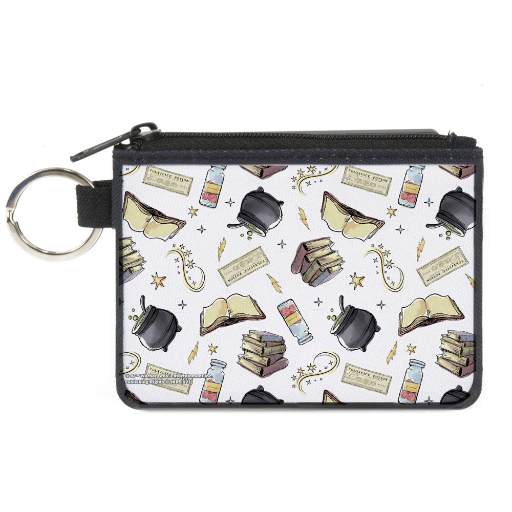 Canvas Zipper Wallet - MINI X-SMALL - Harry Potter Magical Elements Collage White Canvas Zipper Wallets Harry Potter