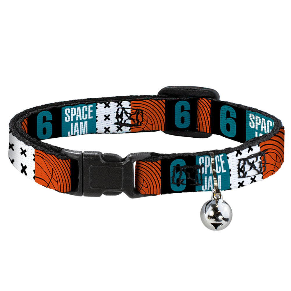 Cat Collar Breakaway with Bell - SPACE JAM Number 6 Blocks Black Turquoise White Red - NARROW Fits 8.5-12" Breakaway Cat Collars Looney Tunes   