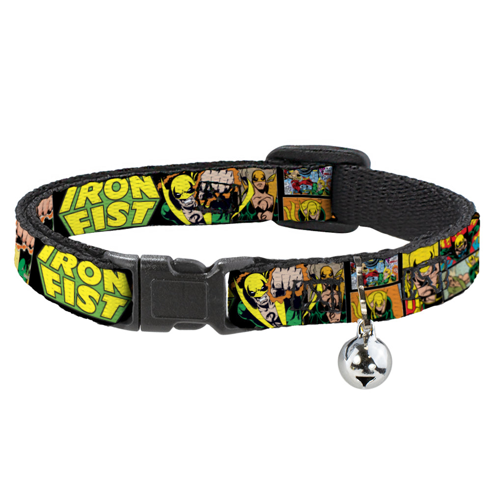 MARVEL COMICS Cat Collar Breakaway - Retro IRON FIST Action Pose Comic Scene Blocks Black Green Yellow Breakaway Cat Collars Marvel Comics   