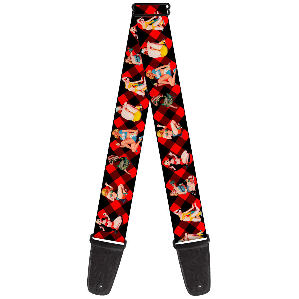 Guitar Strap - Pin Up Girl Poses Buffalo Plaid Blocks Black Red Guitar Straps Buckle-Down   