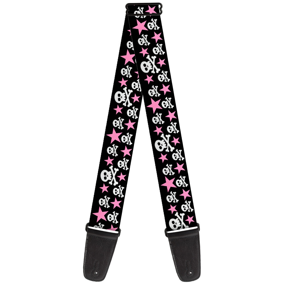Guitar Strap - Skulls & Stars Black White Pink Guitar Straps Buckle-Down   