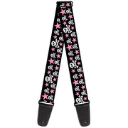 Guitar Strap - Skulls & Stars Black White Pink Guitar Straps Buckle-Down   