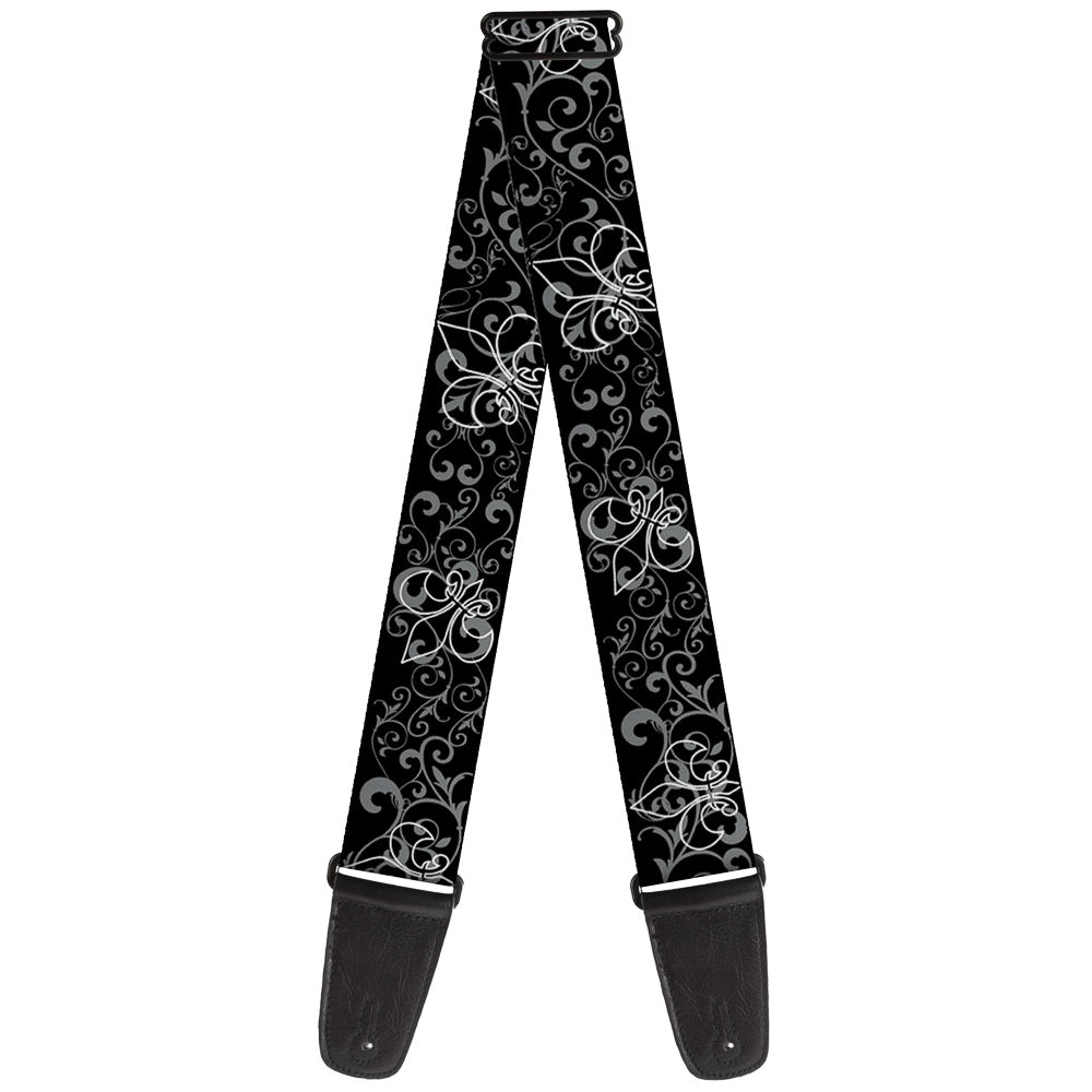 Guitar Strap - Fleur-de-Lis Outline w Filigree Black Gray Guitar Straps Buckle-Down   