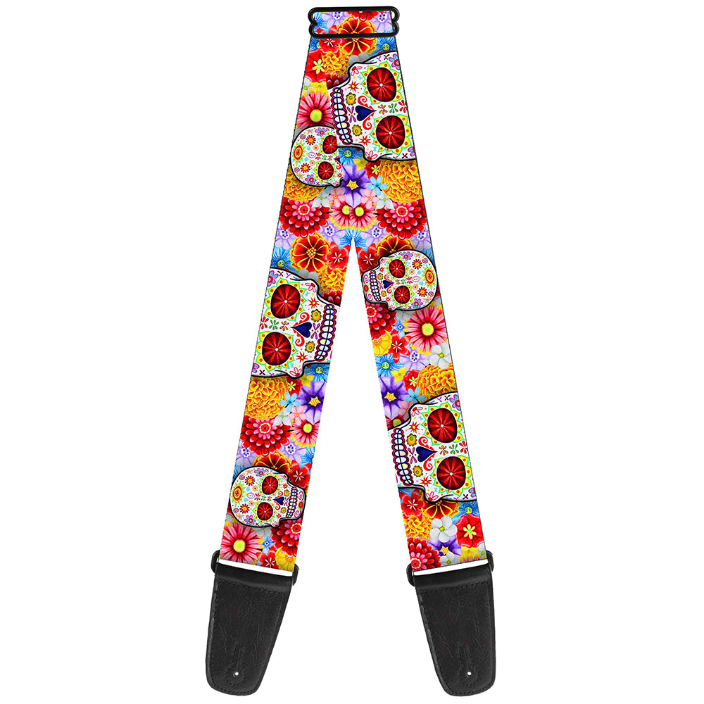 Guitar Strap - Sugar Skull Starburst White Multi Color Guitar Straps Thaneeya McArdle   