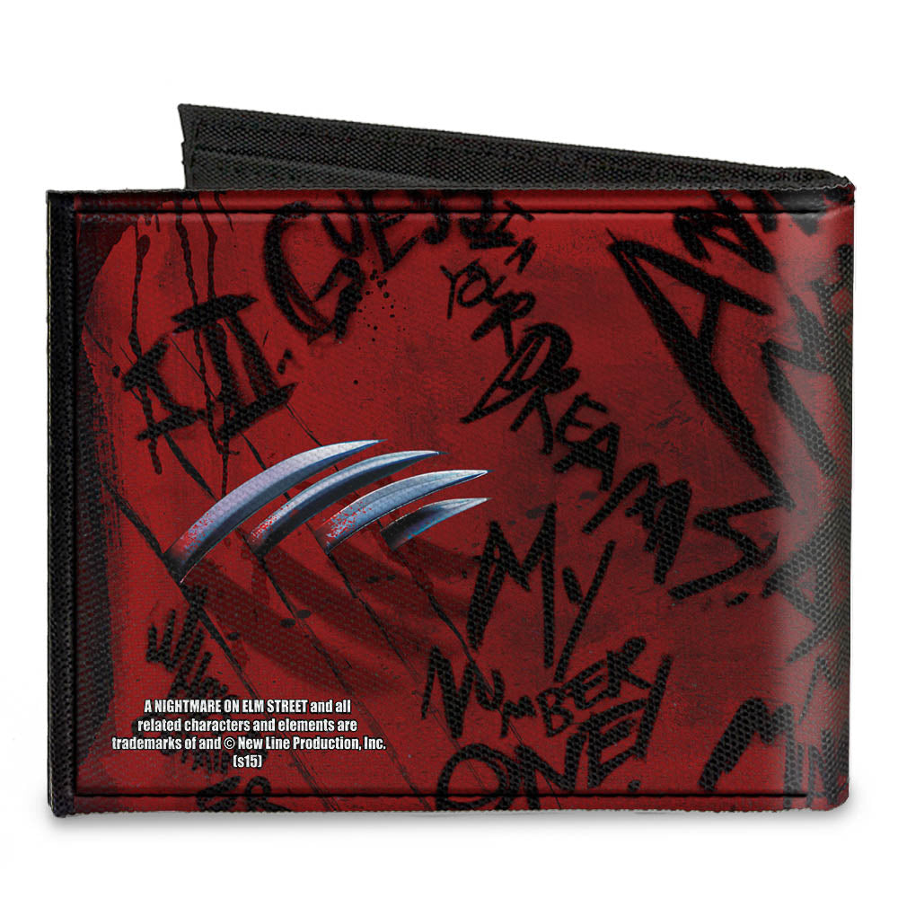 Canvas Bi-Fold Wallet - Freddy Pose2 + Hand Scratching Quote Scrawls Reds Black Canvas Bi-Fold Wallets A Nightmare on Elm Street