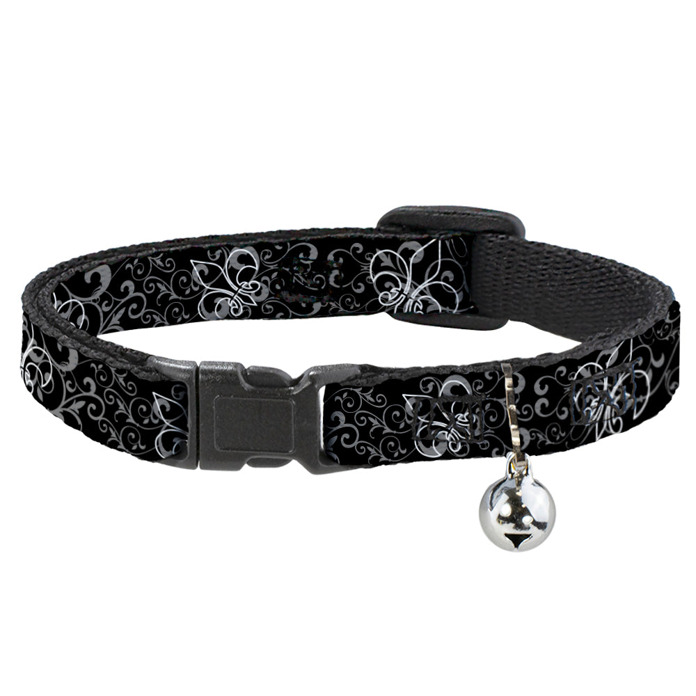 Cat Collar Breakaway - Fleur-de-Lis Outline w Filigree Black Gray Breakaway Cat Collars Buckle-Down   