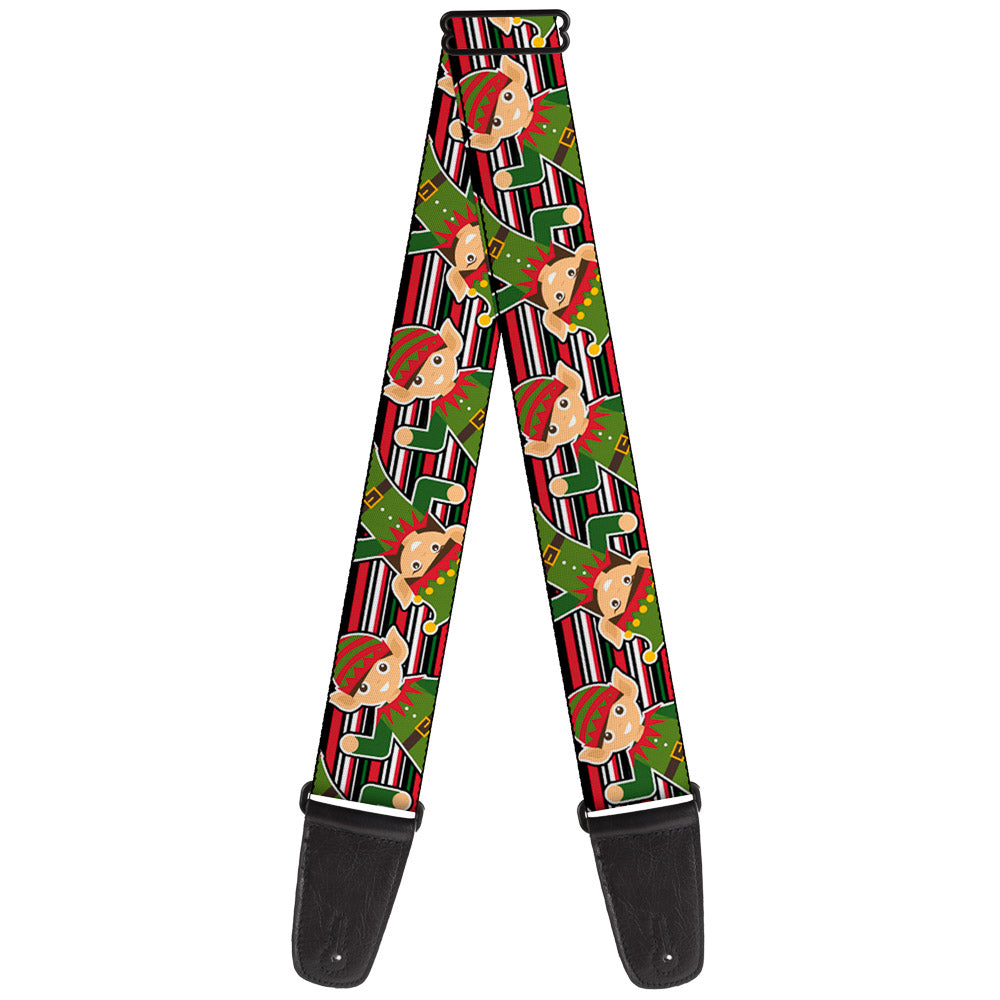 Guitar Strap - Christmas Elves Stipres Black Red White Green Guitar Straps Buckle-Down   