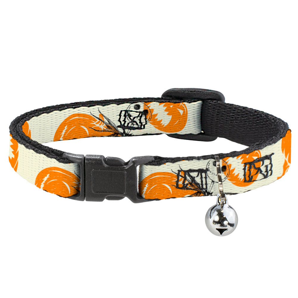 Cat Collar Breakaway with Bell - The Nightmare Before Christmas Jack Pose and Pumpkins Collage Ivory Orange Black Breakaway Cat Collars Disney   