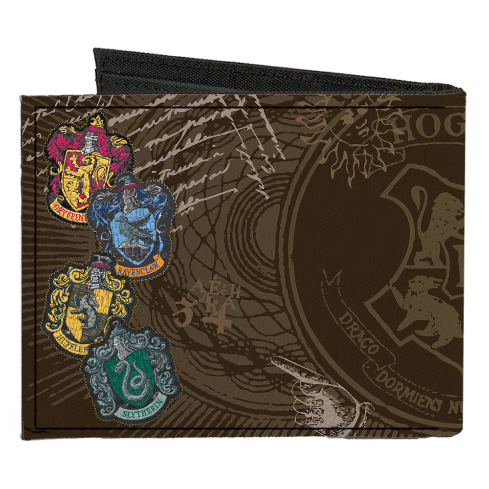 Canvas Bi-Fold Wallet - HOGWARTS Symbols Collage House Badges Browns Multi Color Canvas Bi-Fold Wallets Harry Potter