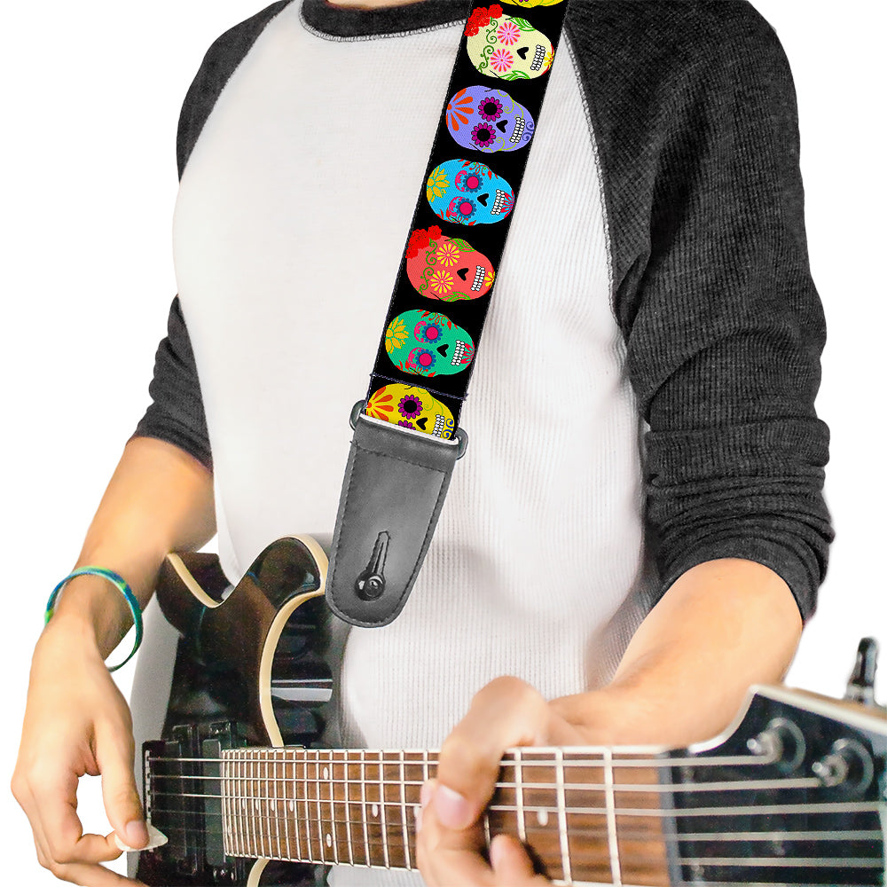 Guitar Strap - Painted Sugar Skulls Black Multi Color Guitar Straps Buckle-Down   