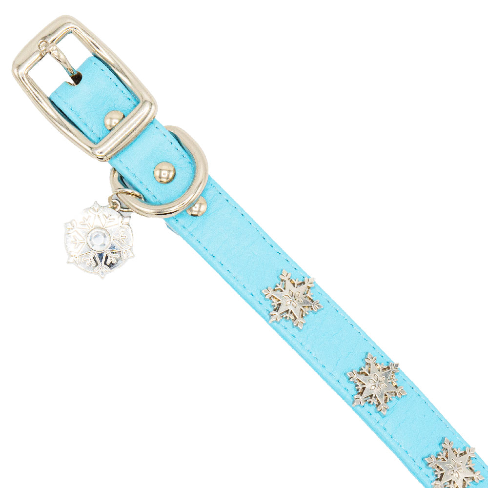 Vegan Leather Dog Collar - Frozen 2 Light Blue PU w Snowflake Embellishments & Metal Charm Imported PU Collars Disney   