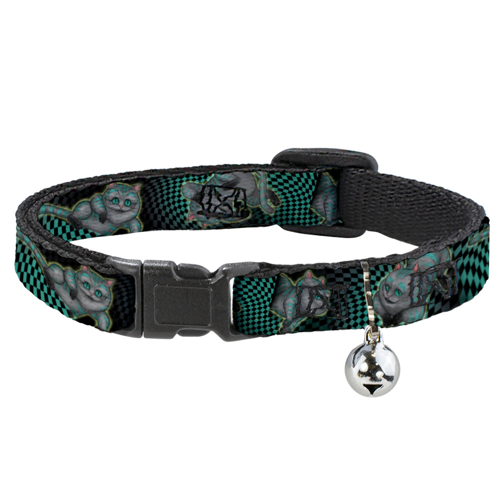 Cat Collar Breakaway - Cheshire Cat 4-Poses Checkers Teal Black Breakaway Cat Collars Disney   