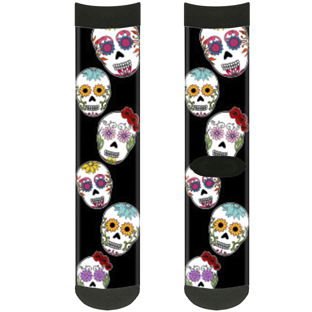 Sock Pair - Polyester - Staggered Sugar Skulls CLOSE-UP Black Multi Color - CREW Socks Buckle-Down   