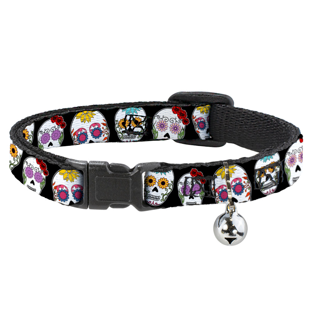 Cat Collar Breakaway - Staggered Sugar Skulls CLOSE-UP Black Multi Color Breakaway Cat Collars Buckle-Down   