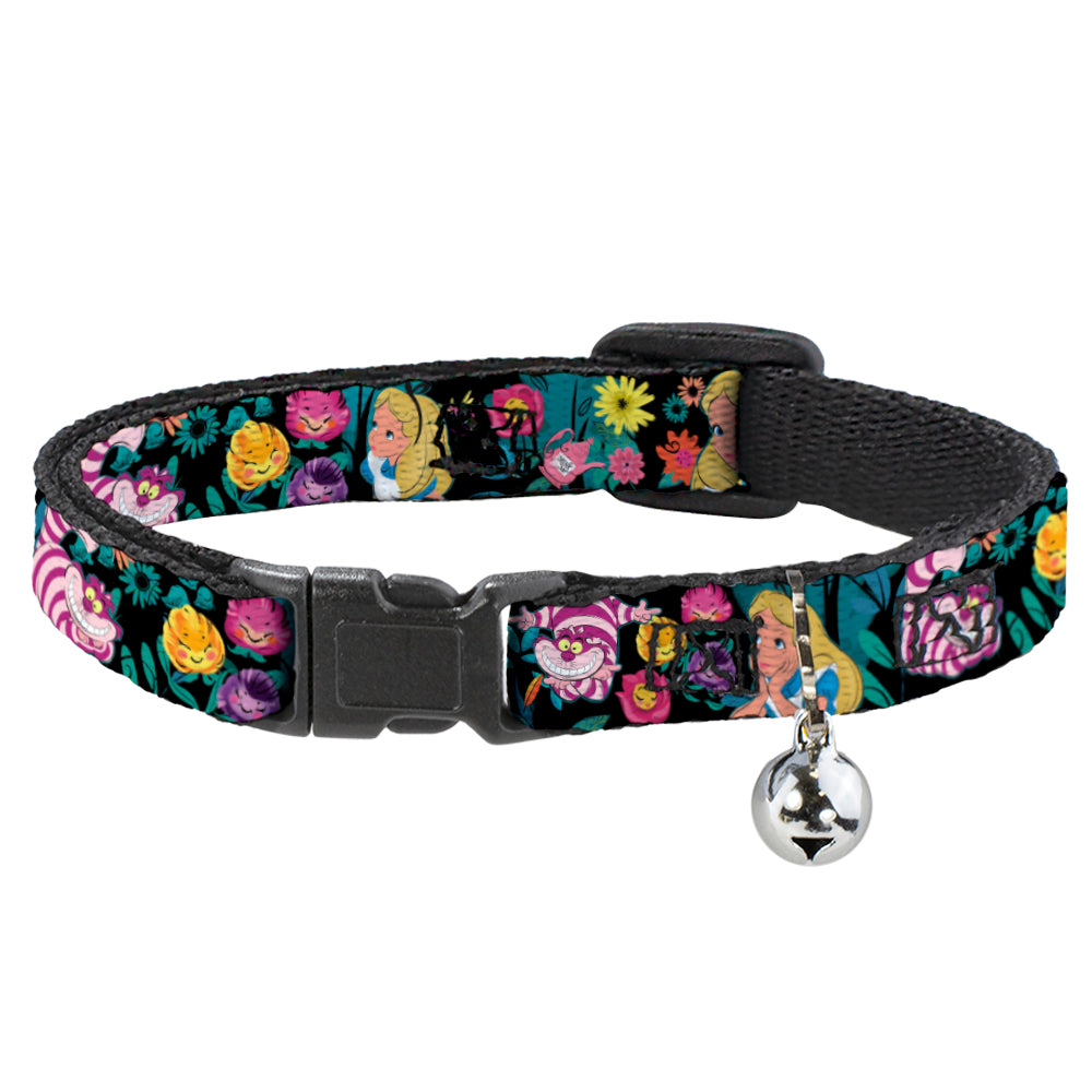 Cat Collar Breakaway - Alice Cheshire Cat Flowers Poses Black Multi Color Breakaway Cat Collars Disney   