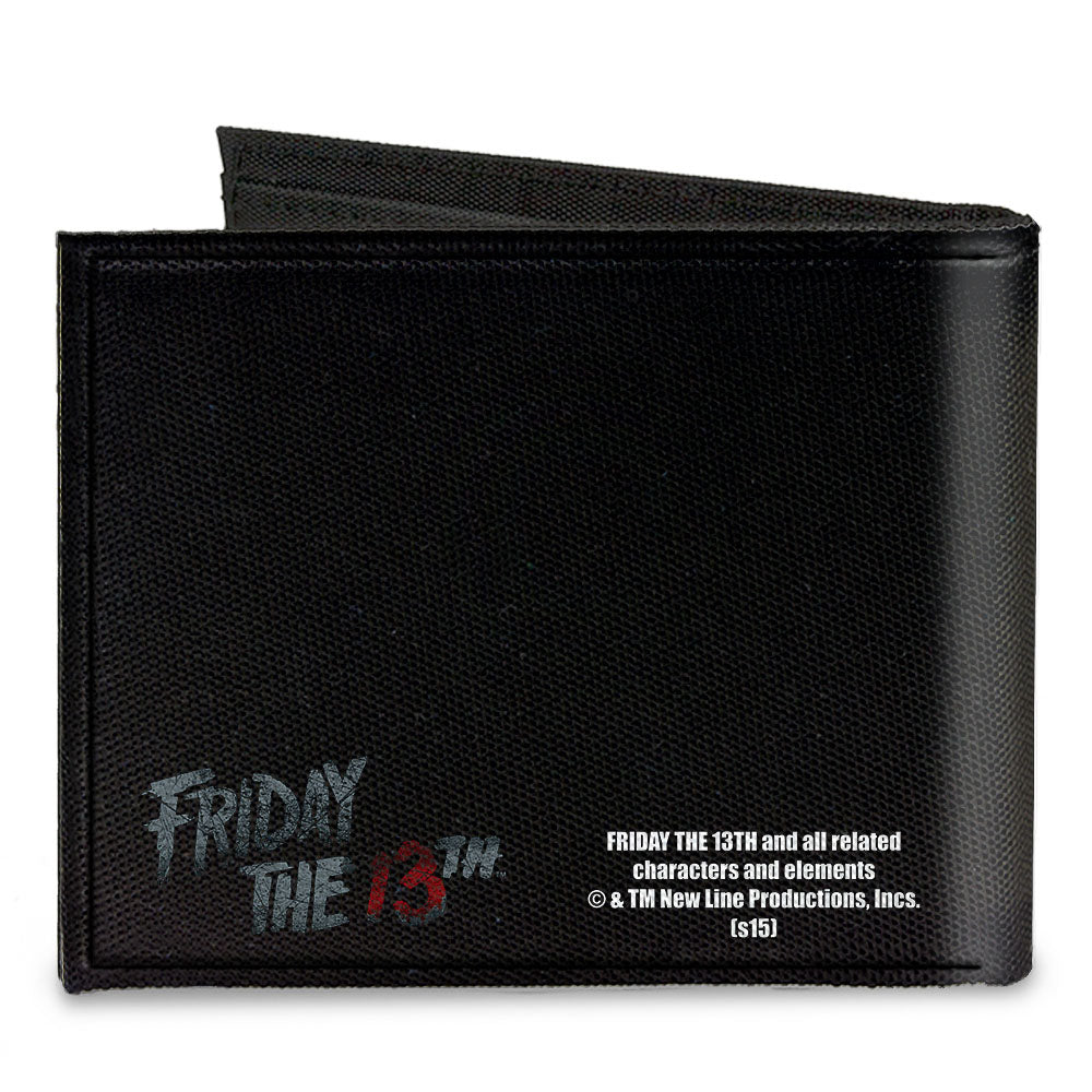 Canvas Bi-Fold Wallet - Jason Mask3 CLOSE-UP + FRIDAY THE 13th Black Grays Red Canvas Bi-Fold Wallets Friday the 13th
