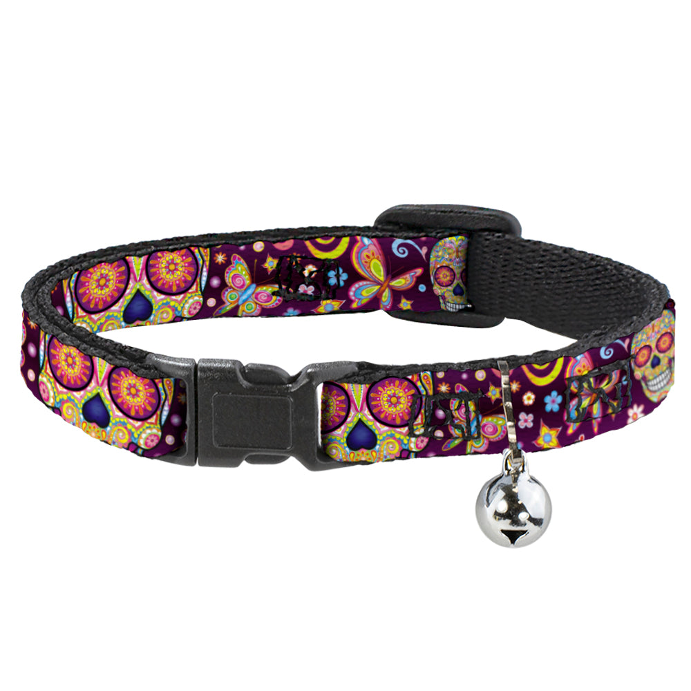 Cat Collar Breakaway with Bell - Mariposa Calaveras Butterflies Flowers Burgundy Multi Color Breakaway Cat Collars Thaneeya McArdle   