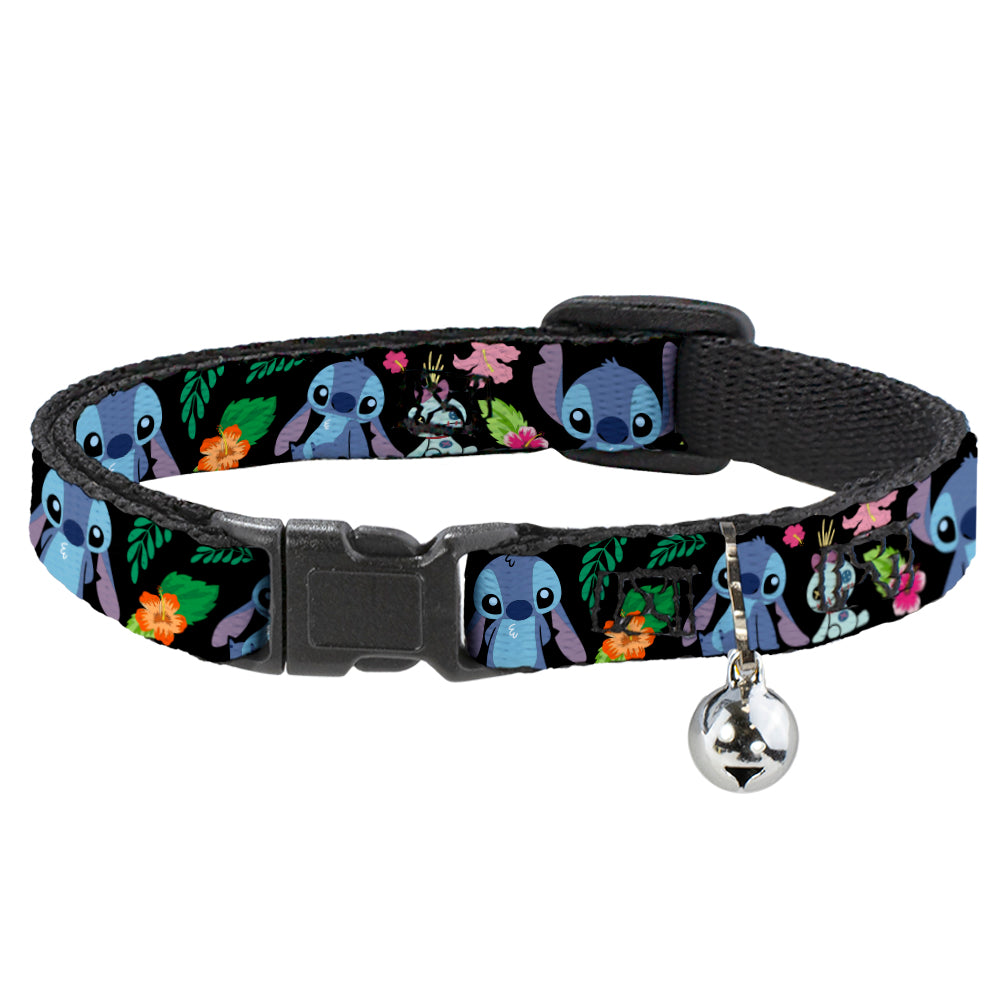 Cat Collar Breakaway - OHANA MEANS FAMILY Stitch & Scrump Poses Tropical Flora Black White Multi Color Breakaway Cat Collars Disney   