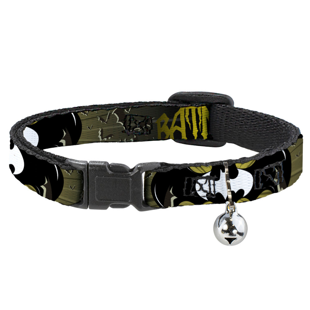Cat Collar Breakaway - BATMAN w Bat Signals & Flying Bats Yellow Black White Breakaway Cat Collars DC Comics   