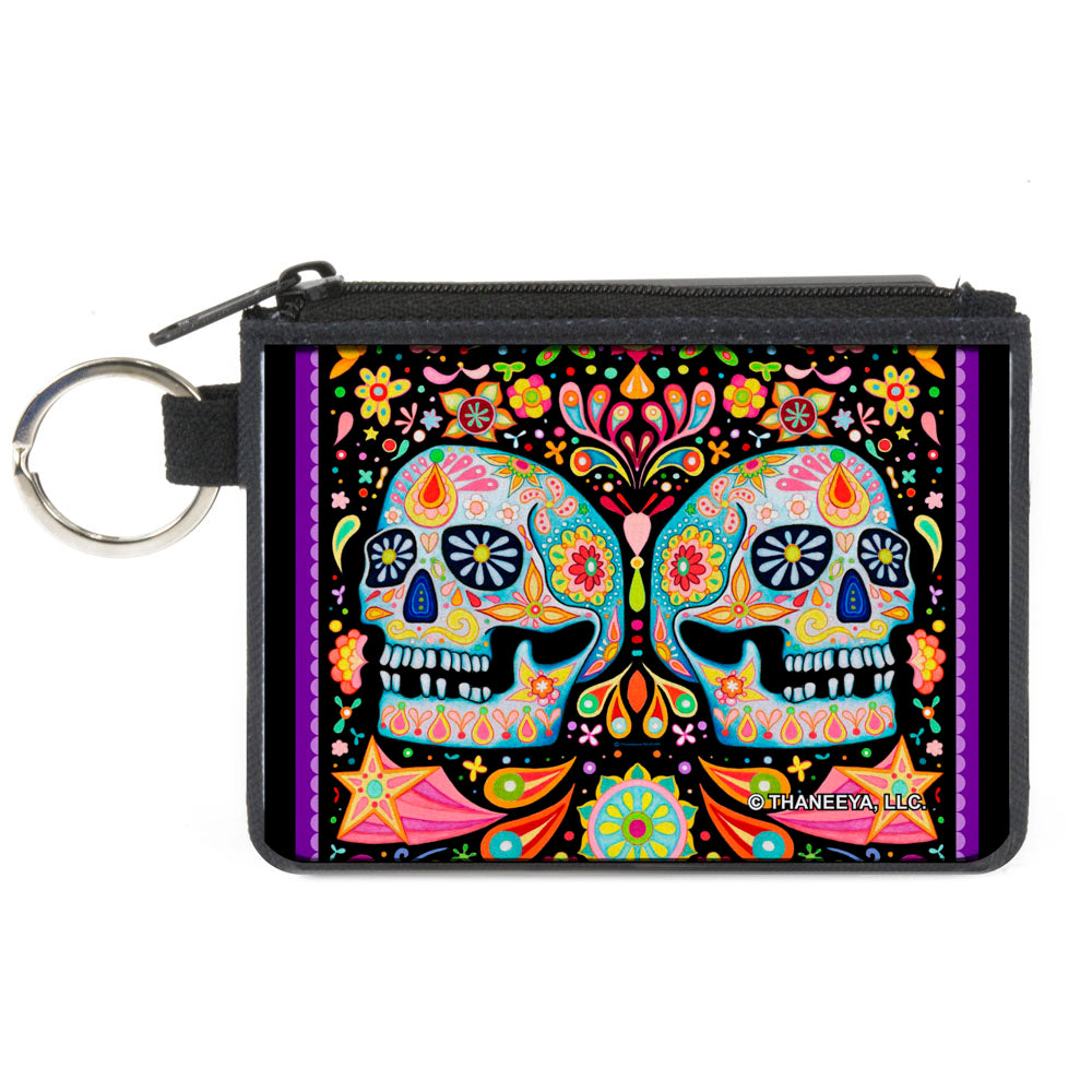 Canvas Zipper Wallet - MINI X-SMALL - Twin Calaveras Floral Collage Black Multi Color Canvas Zipper Wallets Thaneeya McArdle   