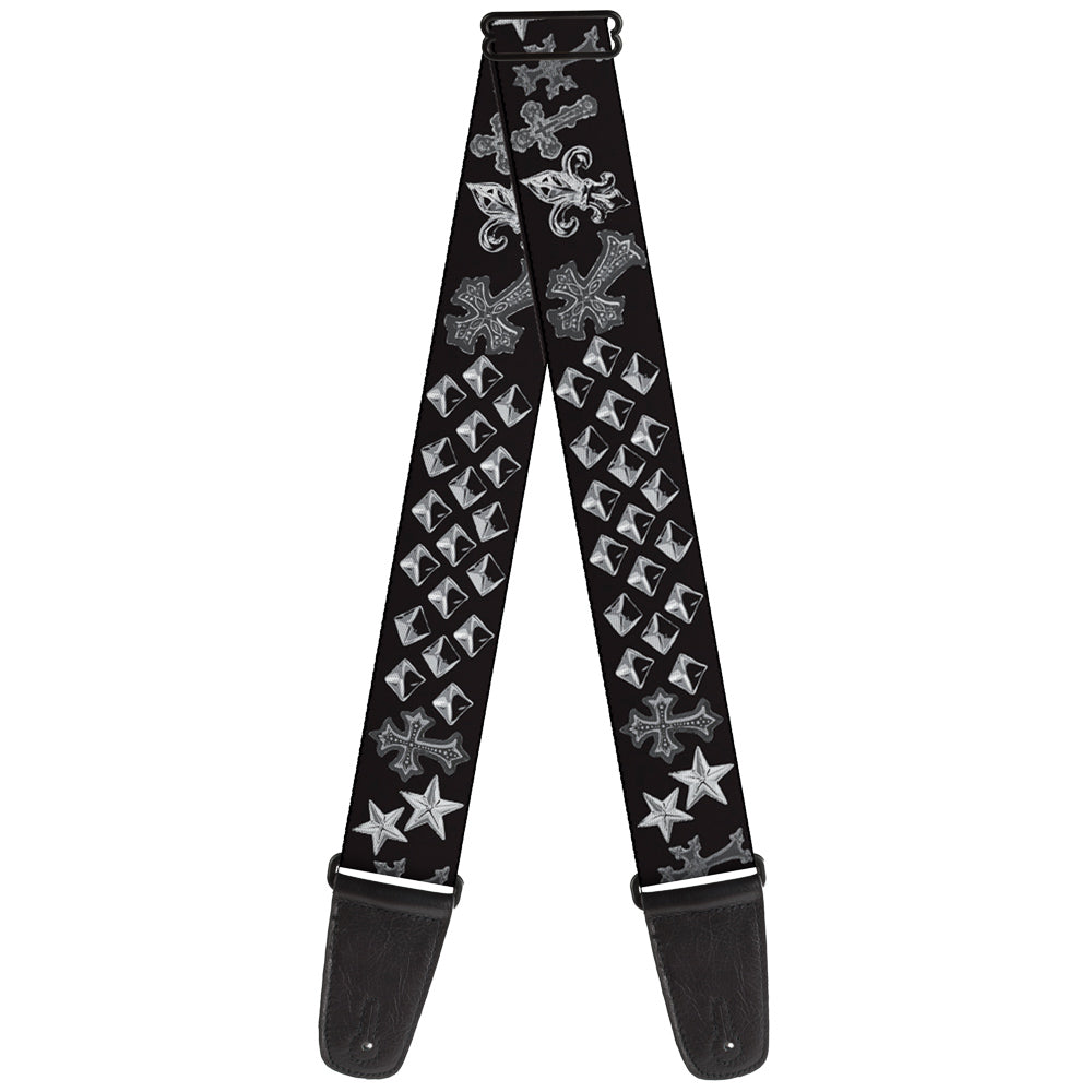 Guitar Strap - Elegant Crosses Stars Studs Black Grays Guitar Straps Buckle-Down   