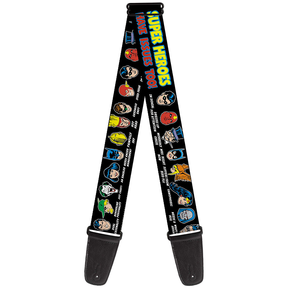 Guitar Strap - DC Originals SUPER HEROES HAVE ISSUES TOO! Faces Issues Black Guitar Straps DC Comics   