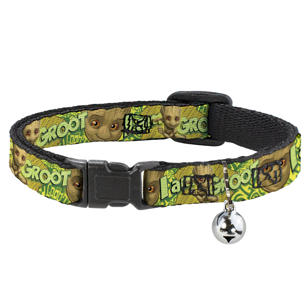 GUARDIANS OF THE GALAXY - EVERGREEN Cat Collar Breakaway - Baby Groot Pose Face I AM GROOT Browns Greens Yellows Breakaway Cat Collars Marvel Comics   