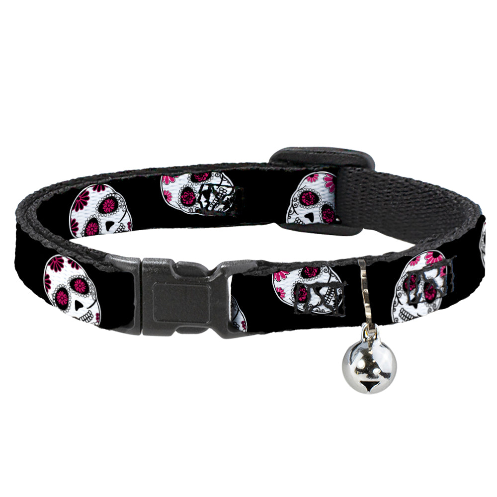 Cat Collar Breakaway - Sugar Skulls Scattered Black White Fuchsia Breakaway Cat Collars Buckle-Down   