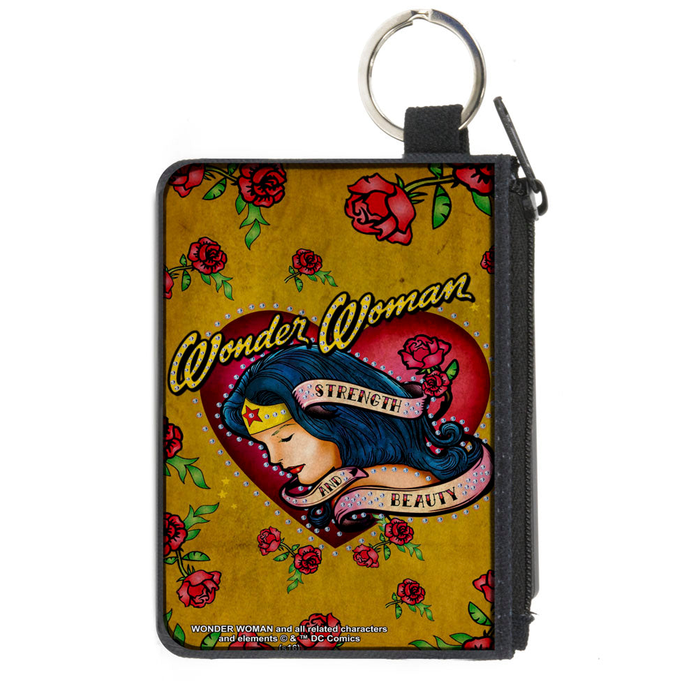 Canvas Zipper Wallet - MINI X-SMALL - Studded WONDER WOMAN Heart STRENGTH AND BEAUTY Tattoo Roses Gold Canvas Zipper Wallets DC Comics   