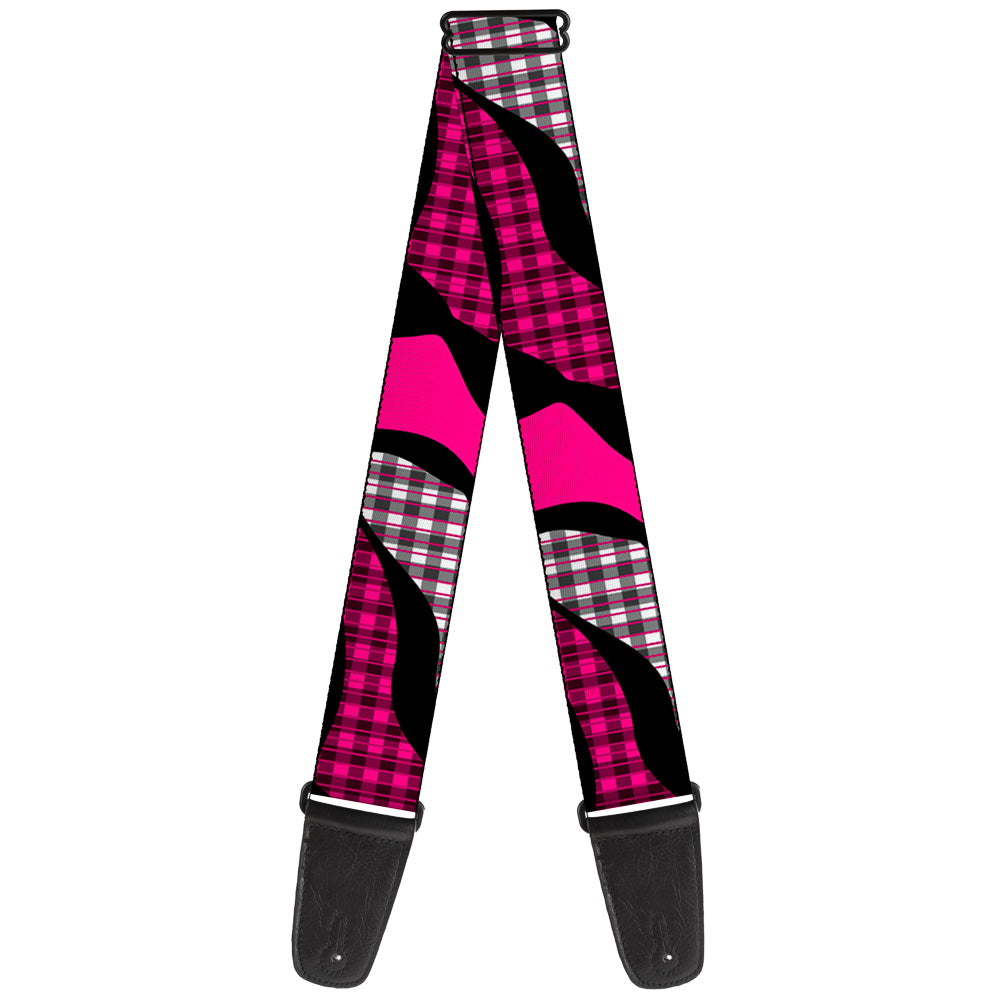 Guitar Strap - Buffalo Plaid Abstract White Black Fuchsia Guitar Straps Buckle-Down   